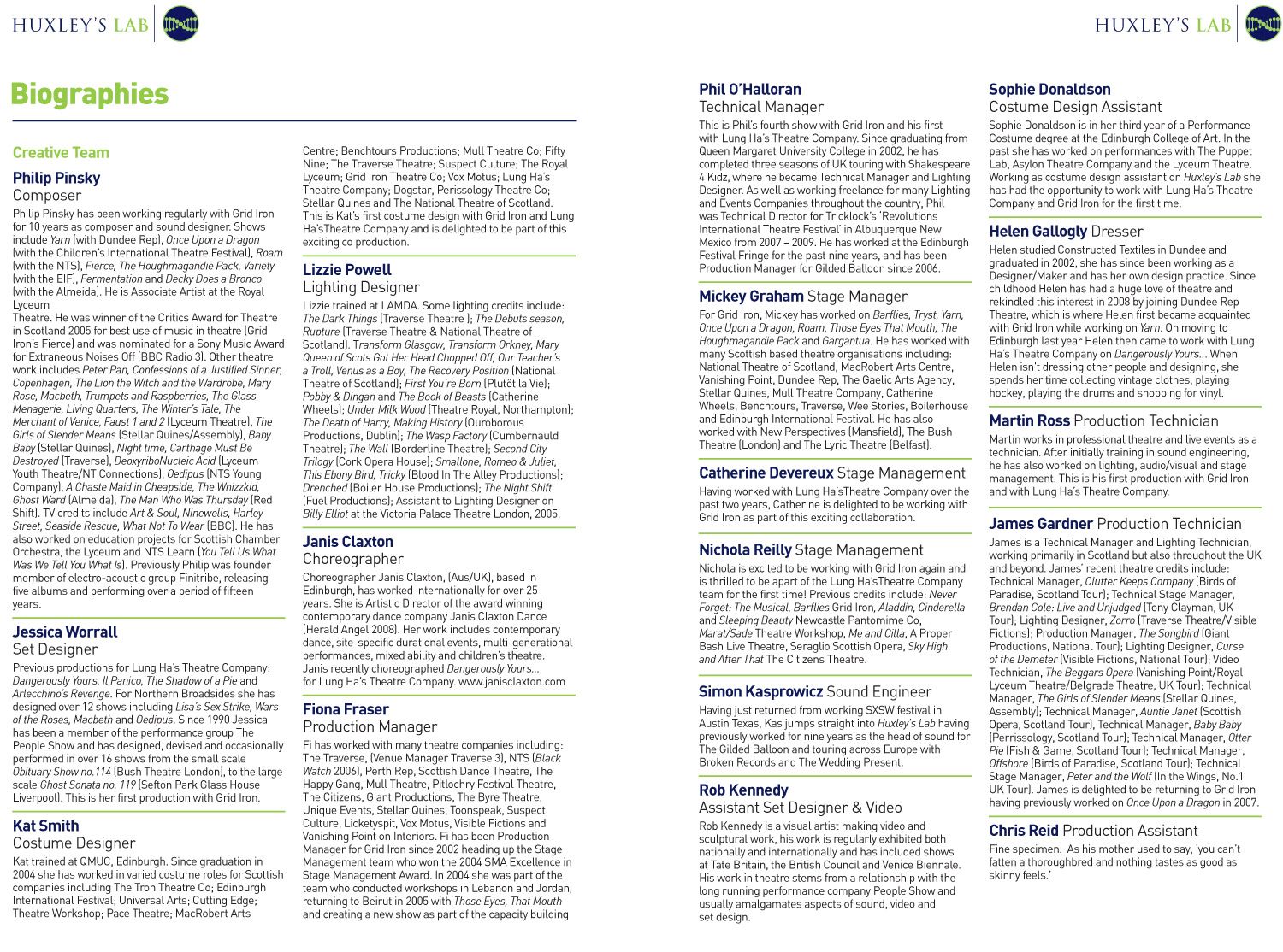 Huxley's Lab - Programme