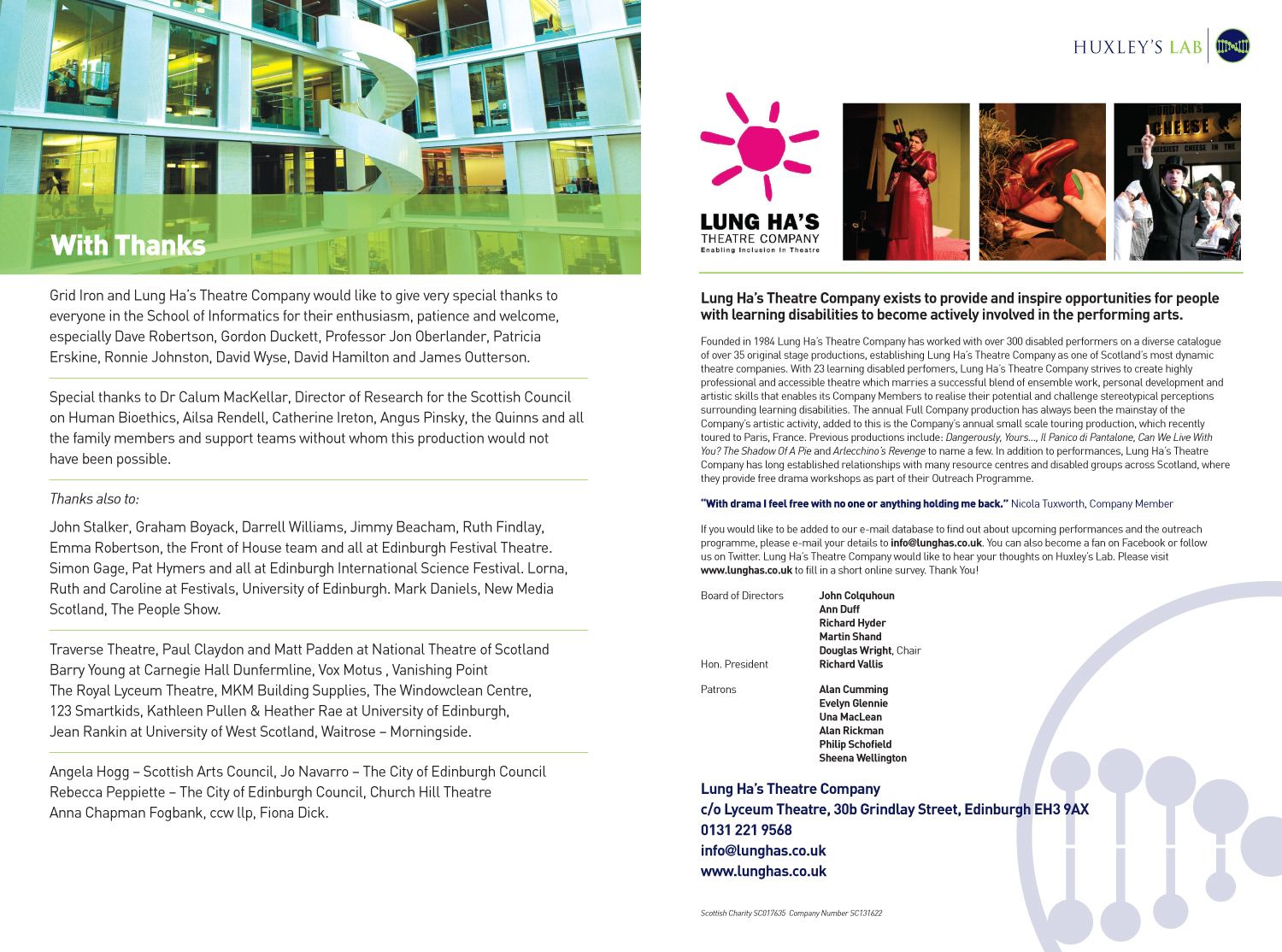 Huxley's Lab - Programme
